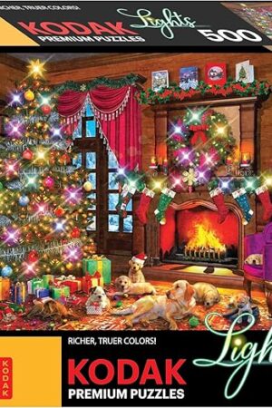 The RoseArt - Kodak Premium Holiday Light Up - Christmas Puppies - 500 Piece Jigsaw Puzzle for Adults