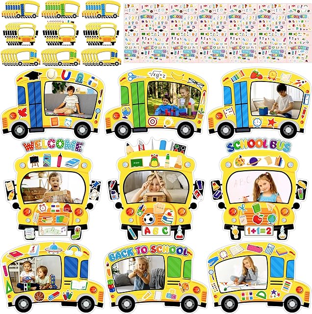 The 80UncleKimby 54Pcs Back to School Bus Picture Frame Crafts Kit - DIY Welcome First Day of School Photo Ornaments Bulk Bulletin Board Decorations for Classroom Activities and Party Supplies Decor