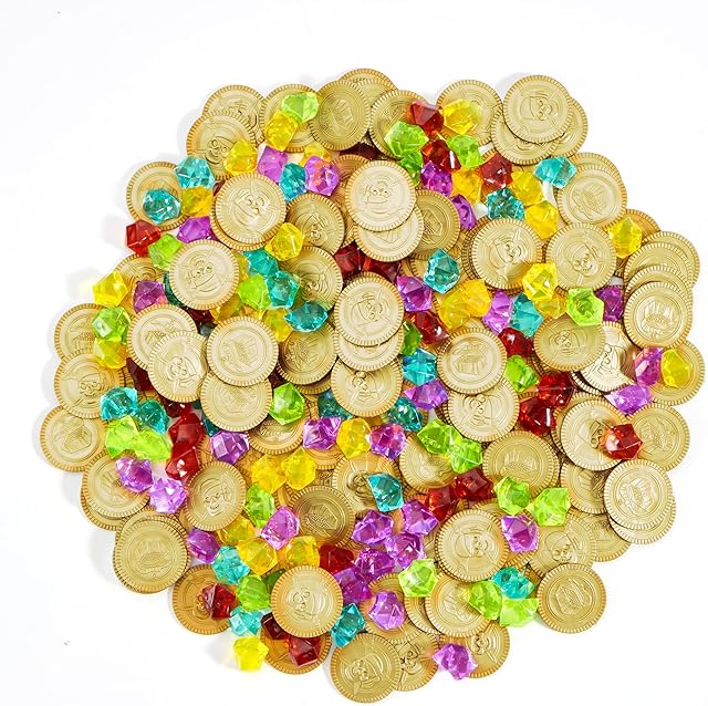 The JOYIN Toy 288 Pieces Pirate Gold Coins and Pirate Gems Jewelry Playset Pack Party Favor. (144 Coins+144 Gems)