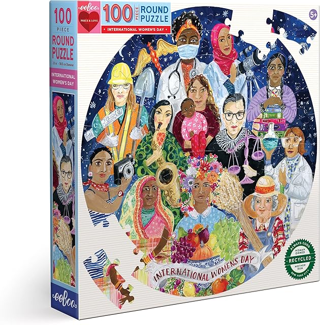 The eeBoo: International Women's Day 100 Piece Round Puzzle, Perfect Project for Little Hands, Aids in Development of Pattern and Shape, Offers Children a Challenge