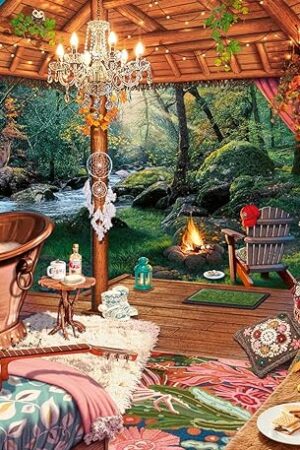 The Ravensburger - Cozy Glamping - 500 Piece Large Format Jigsaw Puzzle - Quaint, Inviting Image of The River from a Rustic Cabin - Frameable - Premium Quality - Puzzles for Adults
