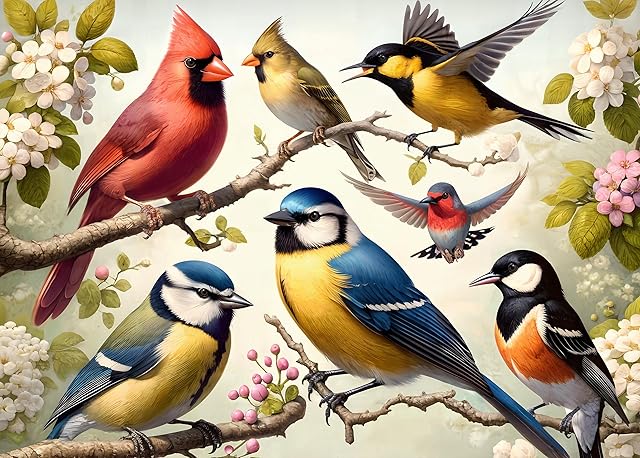 The Rocorose 1000 Piece Puzzle for Adults, Colorful Birds and Flowers Puzzle with Exquisite Poster, Challenging Spring Garden Animal Songbirds Cardinals Puzzles Game
