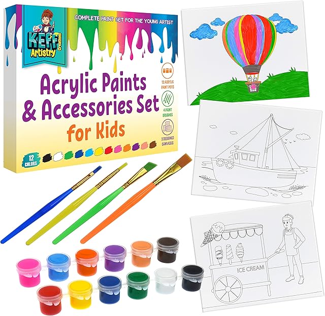 The KEFF Acrylic Paint kit for Kids – 19 Piece Kids Acrylic Paint Set 12 nontoxic Acrylic Paint pots, 3 pre-Designed canvases, 4 paintbrushes Ultimate Kids Art Paint kit Craft Supplies Set Creations