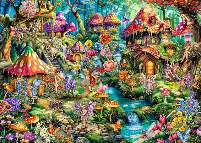 The Flower Fairy Puzzle for Adults 1000 Pieces, Funny Mushroom Jigsaw Puzzle, Fantasy Colorful Butterfly Insect Puzzle