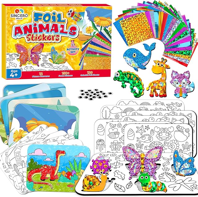 The sinceroduct Foil Art Kit for Kids, Foils Arts and Crafts for Kids Age 4-8,Travel Toys Supplies,Foil-Foam Stickers,Birthday Gifts for Boys & Girls,Mess Free Coloring Card Set.
