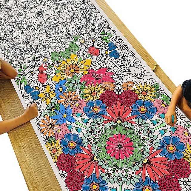 The Tiny Expressions - Giant Flower Mandala Coloring Poster - Rolled, No Creases 72" x 30" Large Coloring Banner for Children, Teens or Adults - Fun Group or Family Activities for Spring Season