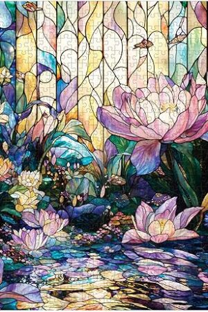 The Puzzles for Adults 1000 Pieces - Stained Glass Lotus Mosaic Flower Floral - 1000 Piece Puzzles with Letters on Back - Jigsaw Puzzles 1000 Pieces for Fun Game - 27.6" L X 20.5" W, 1:1 Poster