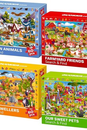 The QUOKKA Puzzles for Kids Ages 4-6 - Toddler Puzzles Ages 3-5 - 4-Pack 60 Piece Search and Find Animals Jigsaw Puzzle 6-8 - Learning Toys for 3 Year Old Boys and Girls - Educational Games Gift