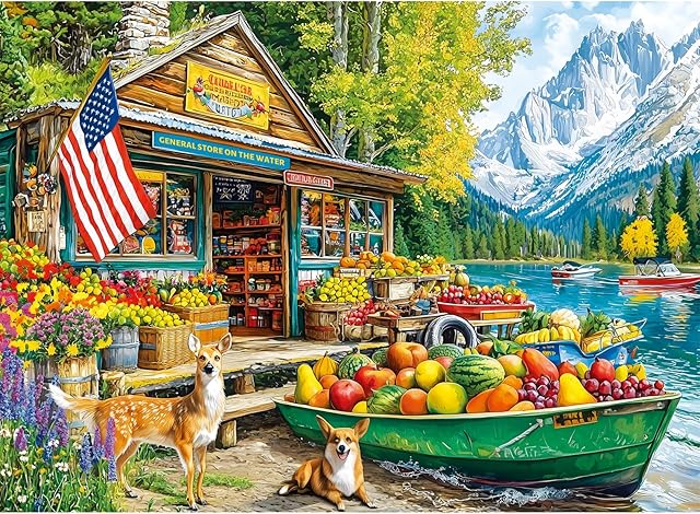 The 300 Piece Puzzles for Adults,Country Store Puzzles for Adults Children Seniors,Large Piece Dog Deer Fruit Puzzle for Kids Ages 8-10 10-12,Fun Challenging Landscape Family Puzzle Game Nights,20.5*15in