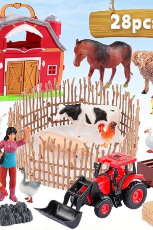 The Red Barn Farm Animals Toys, 28PCS Animals Figures and Farm Tractor Playset, Educational Learning Toys for Toddlers and Kids 3 4 5 Year Old Boys and Girls Birthday Festival Gift