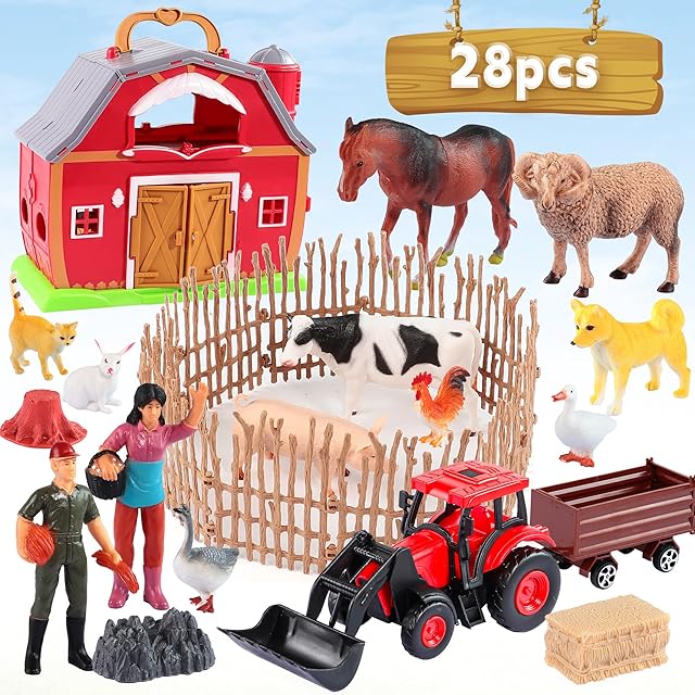 The Red Barn Farm Animals Toys, 28PCS Animals Figures and Farm Tractor Playset, Educational Learning Toys for Toddlers and Kids 3 4 5 Year Old Boys and Girls Birthday Festival Gift
