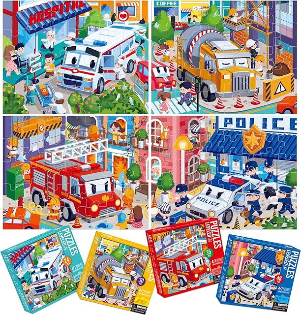 The Dotimo 4-in-1 Vehicle Puzzles for Toddlers 3-5 – Fire Truck, Police Car, Ambulance & Cement Mixer Puzzles, 24/30/35/48 Piece Educational Games with Storage Box