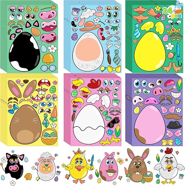 The JOYIN 24 PCS Easter Stickers Mix and Match Make a Face Animal Stickers with Easter Egg Themed Pig, Bunny, Chicken, Cow, Sheep, Duck Party Favor Supplies, Art and Craft