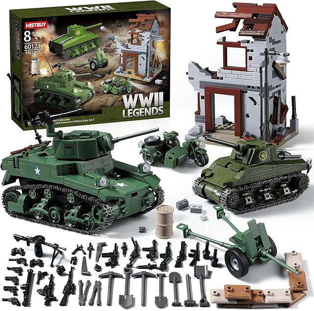 The WW2 Army Tank Toys Building Sets Compatible with Lego (1452 Pieces), Includes Military Base, US Sherman & Stuart Tanks, Towed Howitzer, Motorcycle and Weapons, Great Military Toy Gifts for Boys Kids