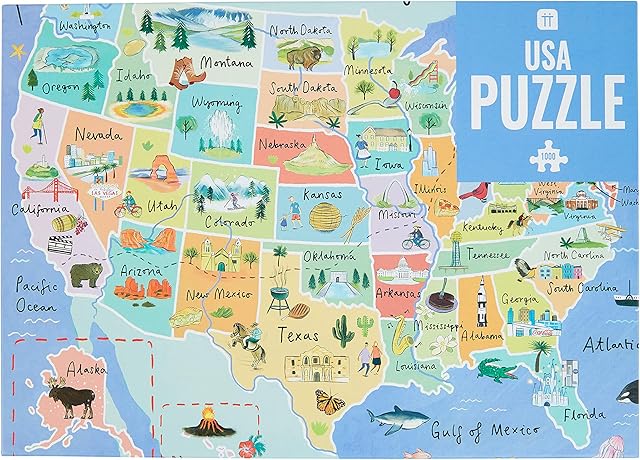 The 1000-piece USA Map Jigsaw Puzzle & Poster 50 States | Illustrated American Landmarks | Rainy Day, Fun at Home Activities, Travel Gifts, Birthday Present, Wall Art