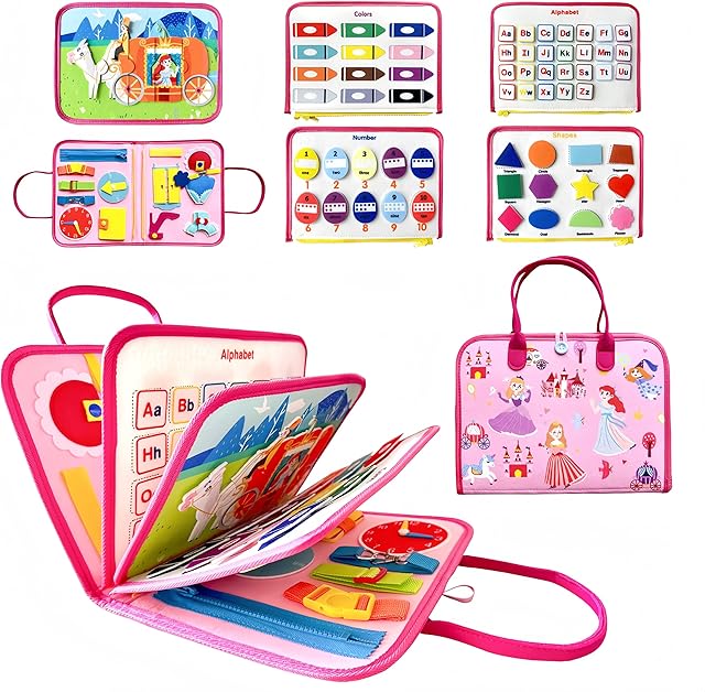 The Busy Board Montessori Toy,Busy Book for Toddlers,Educational Activity Sensory Board,Toddler Travel Toy for Plane Car,Preschool Learning Fine Motor Skills Toys(Pink Princess)