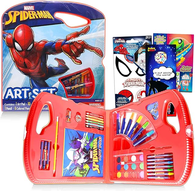 The Marvel Spider-Man Art Set Bundle ~ 40 Pc Superhero Art Kit with Spiderman Coloring Utensils, Brushes, Art Pad, Stickers and More! (Spiderman Color Kit)