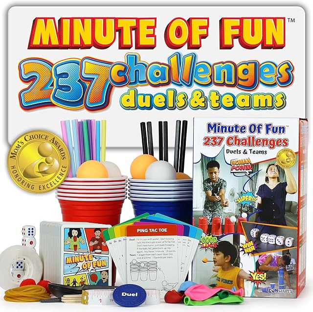 The Funwares Minute of Fun Game - Minute to Win It Games for Kids, Adults, Teens, Families, Game Night, Gift for Home, Birthdays, or Travel. 2-12 Players! Original - 237 Challenges