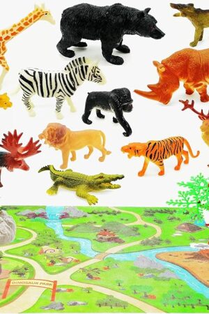 The Qiandier 12pcs Safari Jungle Animal Zoo Figurines Toys and 21inch Play Mat Stone Trees Realistic Animals Figures Playset Toys for Kids Boys Girls