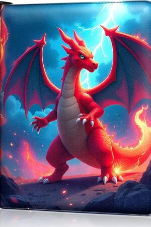 The Premium Card Trading Binder, Orange Dragon with Fire & Lightning PU Leather, 900, Card Capacity, 50 Double Sided 9 Pocket Sleeves, 3 Ring Metal Binder, Zipper & Handle Design