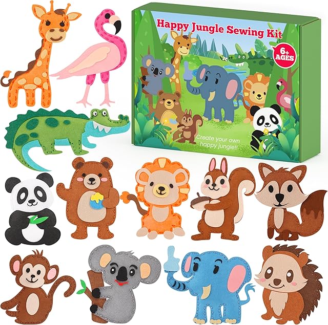 The YEETIN Sewing Kit for Kids Ages 6+, Beginner Felt Sewing Craft Kit, DIY Jungle Stuffed Animals Making Set, Learn to Sew Gifts for Birthday