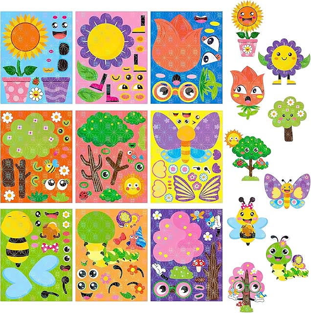 The HubirdSall 45Pcs Make-a-Face Stickers with Flowers Trees Butterfly Insect Make You Own Springtime Holographic Stickers Games School Activities Reward for Kids Spring Teacher Art Craft Room Decorations