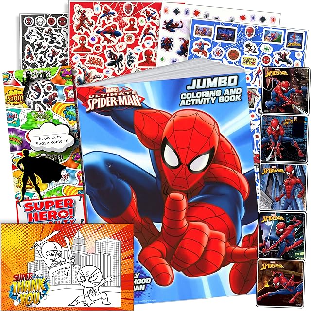 The Disney Studios Spiderman Stickers Activity Set - Bundle Includes Spiderman Stickers, Spiderman Coloring Book, Superhero Door Hanger, Thank You Card Craft