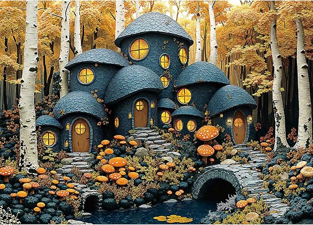 The Puzzles for Adults 1000 Pieces, Fall Puzzle Forest Mushroom Jigsaw Puzzle, Stone House Puzzles 1000 Pieces, Creative Games and Gifts Thanksgiving Puzzle for Adults (27.5"x19.6"), 1:1 Poster