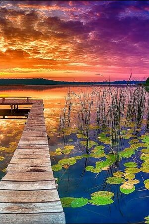 The Puzzles for Adults 1000 Pieces – Ideal Gift for Loved Ones, Gift-Ready Box, Letters on Back, 8 Jigsaw Puzzle Saver Sheets & Full-Size Poster – Scenic Landscape Sunset with Dock & Lilies by GERJATO